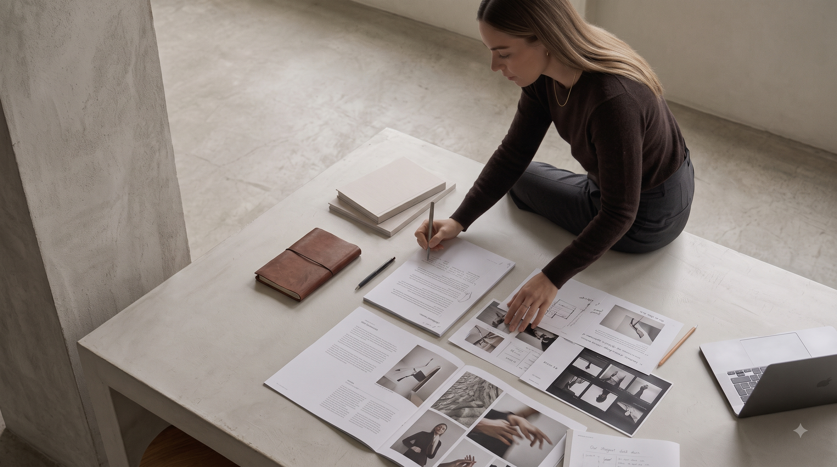 A strategist working across printed materials at a desk